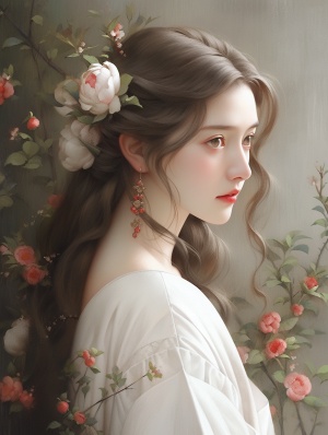 白色民国时期的衣裳，瓷娃娃般的女子，红玫瑰在她手中绽放。她的美丽如同罗曼蒂克的诗篇，娇艳的花朵与她的柔顺长发相互呼应。她优雅地低下头，红唇轻启，满脸神秘的微笑仿佛掩藏着某个深情的故事。