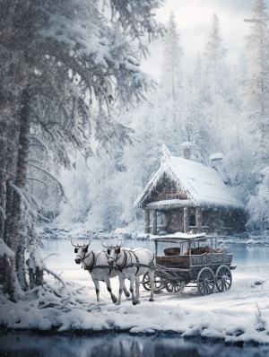 冬天的森林中的雾凇美景与宁静小木屋