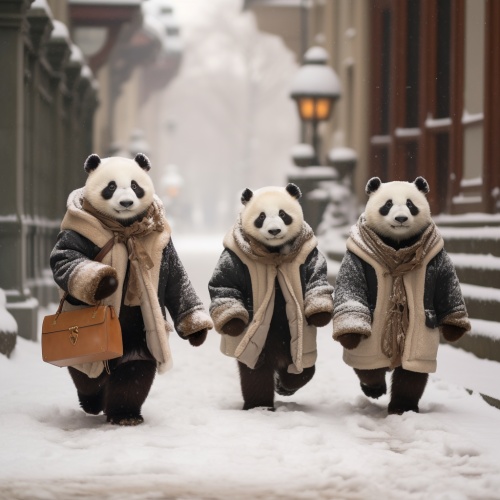 穿着大衣的大熊猫漫步在白雪皑皑的冬日街道关键词：舒适的冬装，雪天的城市景观，悠闲的漫步，迷人的熊猫，宁静的雪景风格：逼真照相机和镜头：Fujifilm GFX100，63mm f2.8照明：雪天柔和的漫射光环境：冰雪覆盖的城市街道，具有冬季氛围长宽比命令AR16:9v5.2