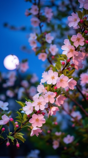Looking from near to far, Lookingthrough the dense Crabapple flowers and greenleaves, There is a moon and stars in the quietnight sky, Crabapple flowers Charming, The softmoonlight, The flowers are clear, shining, beautiful, lifelike, dreamy, romantic, D, camera shooting, Ultra HD image quality, HD, Ural, ar 9:16 v 4