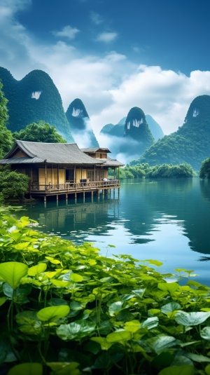 桂林山水,小屋,湖水,湖水中长满了荷花，高清,远景拍照 。真实拍摄，现实拍摄