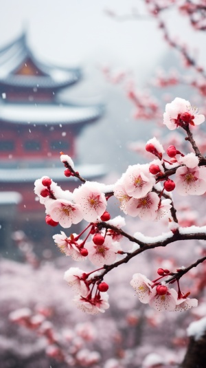 红色梅花的瑰丽绽放与背景中国古典建筑的虚化