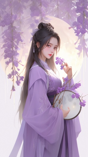 Woman in Purple Han Suit Playing Pipa under Moon