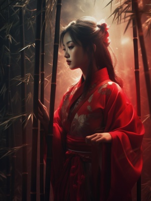 夜晚竹林中，一位穿大红色精致汉服中国女子，她长发飘飘，头饰精致，很清冷的氛围，有萤火虫在四周，朦胧感，光影，8K 高清
