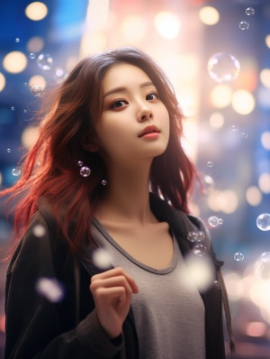 Super realistic 8K CG, masterpiece, best quality, (Super realistic 8K CG, masterpiece, best quality, (photorealistic: 1.4), HDR, absurdres, Professional, RAW photos, lens flares, (film grain: 1.1), bokeh, (depth of field), studio lighting, a Chinese woman standing in the air with many bubbles and looking at the camera, surreal 8k CG, masterpiece, best quality, (photorealistic: 1.4), HDR, absurdres, professional, RAW photos, lens flares, (film grain: 1.1), bokeh, (depth of field), studio lighting, a Chinese