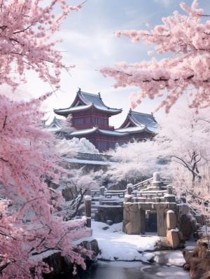 公园开满粉色腊月梅花，特写，瑰丽绽放、冰雪覆盖的傲雪寒梅，背景是中国古典建，背景虚化