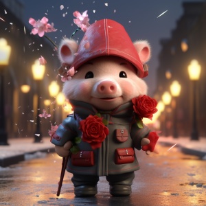 8K全镜头卡通3D：小花猪穿军大衣挂满红灯笼的冬日街景