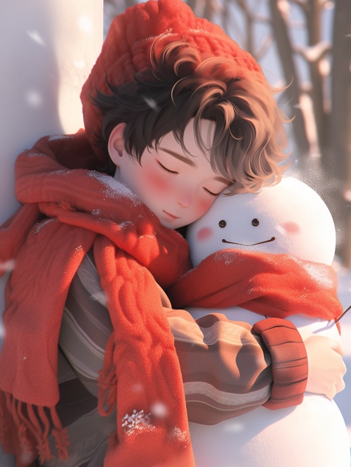 Semi-realistic snowman, red scarf, warm atmosphere， in the style of 32k uhd