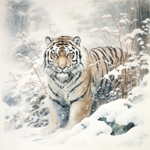 国画大师描绘东北虎在雪地中展露威风