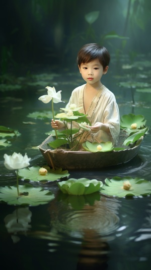 古代中国小孩撑船白莲之河，画面精美