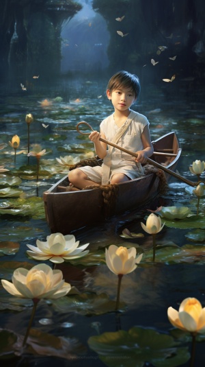 中国风画面：古代七岁男孩采莲花的白莲河景