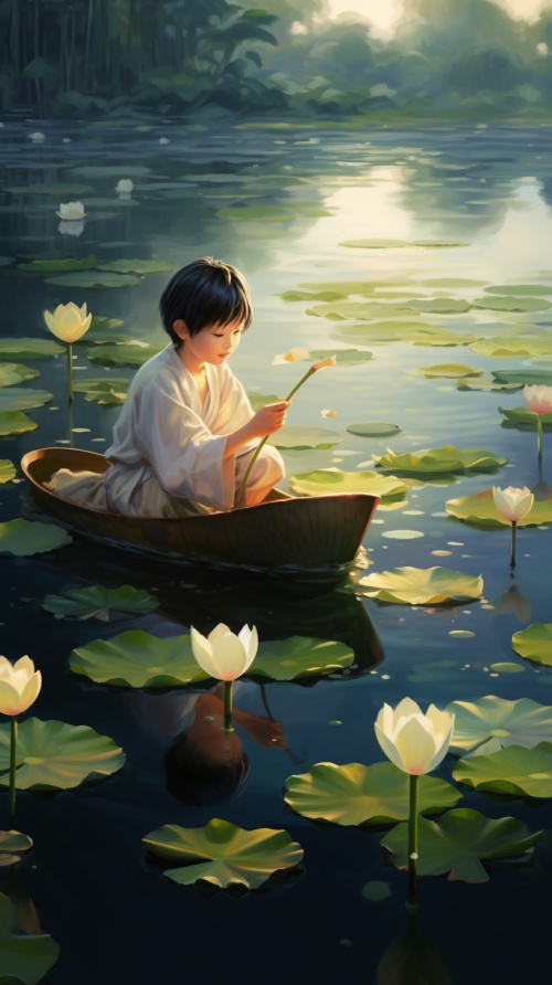 一个中国古装七岁小男孩，扎发髻，在河里撑着小船，采莲花，河里开满白莲，水面留下一条小船划过的痕迹。8K，画面精美，中国风