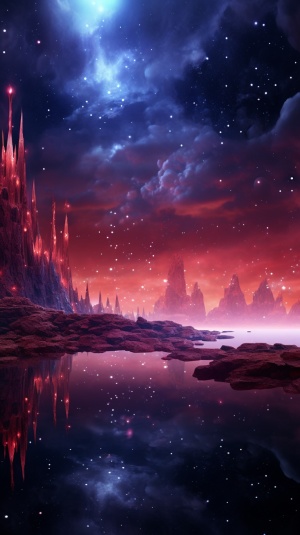 Night sky, red twinkling stars, red princess's soft aurora, silver crescent, fairy tale light, stars, twinkling stars, vast lakes, starry sky, Michael James Smith's matte painting, CG rendering, volumetric light, space art, biological light, illusion attraction 5, ultra wide angle, 8K, surrealism, high-definition Volumetric light