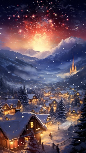 圣诞节的雪地村庄烟火插画远景