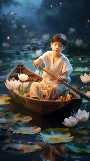 古装七岁男孩划船采莲，中国风8k画面精美