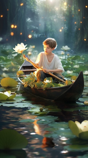古装七岁男孩划船采莲，中国风8k画面精美