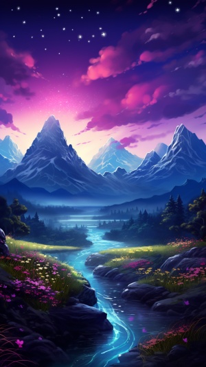 A beautiful valley, with stars shining all over the sky, gorgeous sky, waterfalls flowing down the valley, roses blooming in the rocky mountains, fireflies flying all over the sky, romantic starry night scene, super beautiful night, 4k，