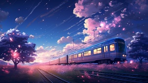 On a summer night, there is a light blue starry sky, and a train has passed on the ground, surrounded by pink flowers and green plants, lighting effects, starlight, fairy tales,by Makoto Shinkai and Claude Monet,trending on behance,8K HD