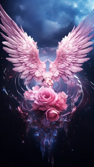 CG rendered the sky with hazy Gothic radiance, a pair of huge translucent angel wings in the sky, starry sky, fantasy, 4K, magic, super wide comfort, shocking visual impact, and the roses around hd-ar 9:16