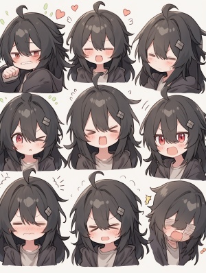 a cute little girl with black hair, happy face， wearing a t - s hirt, emoticon bag, 9 emoticons, emoticon Symbol table, multiple postures and expressions, anthropomorphic style, different emotions, multiple poss and expressions, 8k ar3:4s 750 niji 5