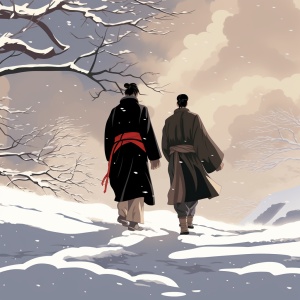 2男走路背影，江湖风，动漫，在下雪天