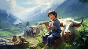 一个中国古代儿童吹着竹笛，骑在牛背上沿着山村小路上走过来，写真油画，饱满构图，8k画厧，‘自然光