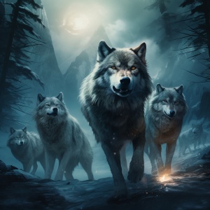 狼群，山林间，头狼突出，群狼跟随，月圆之夜。
