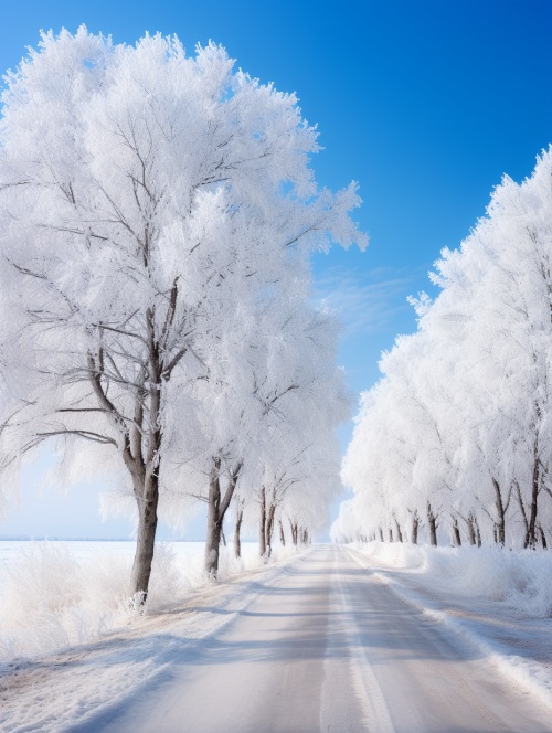 冰天雪地，拐弯前行的公路，两旁排列整齐的大树，银装素裹，超高清，高画质，广角，远景，色彩对比，对角线，摄影佳品