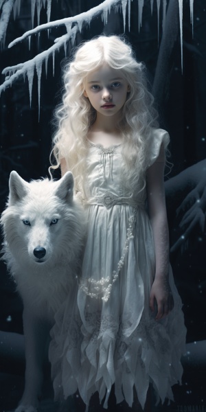 小女孩与白狼共舞在雪森林