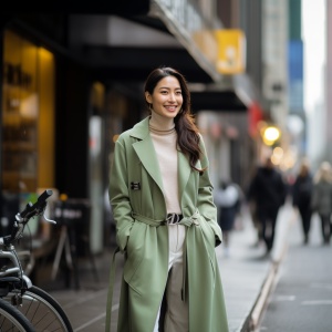 亚洲美女在繁华城市街道上微笑