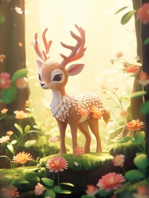 迷离梦幻的树林中的可爱动漫木鹿