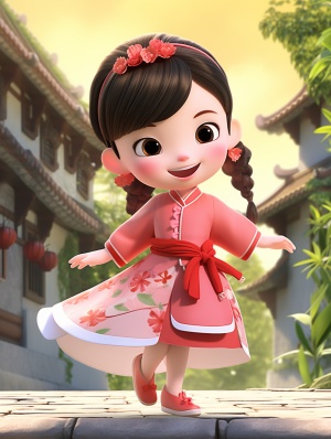 可爱的中国三岁女宝宝穿渐变色汉服，开心笑，梳着发髻，背景是荷花与古镇街道