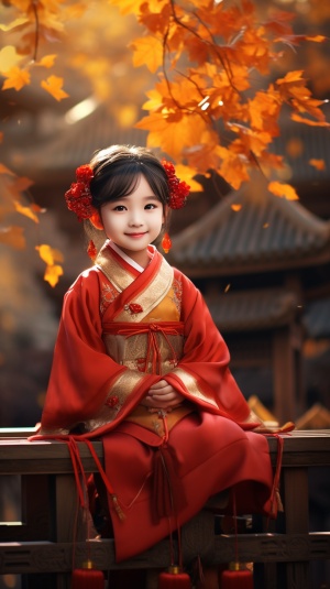 五岁中国小女孩自信微笑坐在枫叶秋天的木结构台阶上