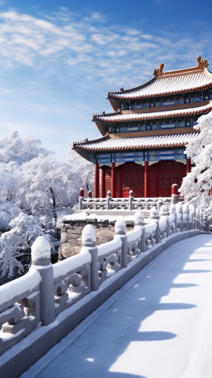 冬天黄昏，雪花飞舞，北京故宫屋顶都覆盖着一层薄薄的雪，非常壮观，一缕缕阳光照射下，格外好看