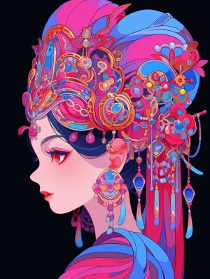 ①Oriental girl, traditional Chinese hairaccessories② Bright pink and colorful elements③ Vector style paintingoriental beauty girl by matt dehlolo, in the style ofcolorful animation stills, guo pei, eye-catching,qian xuan, dark pink and light blue, colorfulfigures, marjorie miller, Doodle in the style of KeithHaring, sharpieillustration, simple details,minimalistluminism, isolated figures