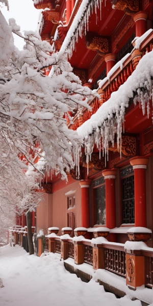 大雪飞扬，红色宫墙飞檐挂雪，红梅点点。