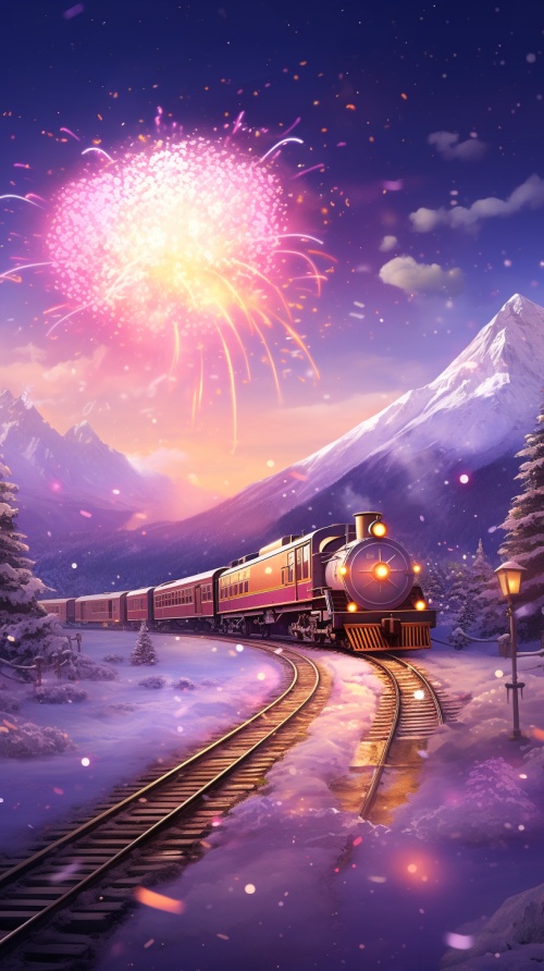 Classic CG class. On a brightly lit snowy mountain, a pink train is approaching from a distance, brightly lit, people are cheering, jumping, fireworks are blooming, pine trees on the roadside, train road, dreams, pink starry sky, sparkling, snowflakes, Thomas Kinkade, Super Detail, Illustration, 4k, Artstation Trends, Ultra Wide, Greg Ratkowski, Artstation Trends HD