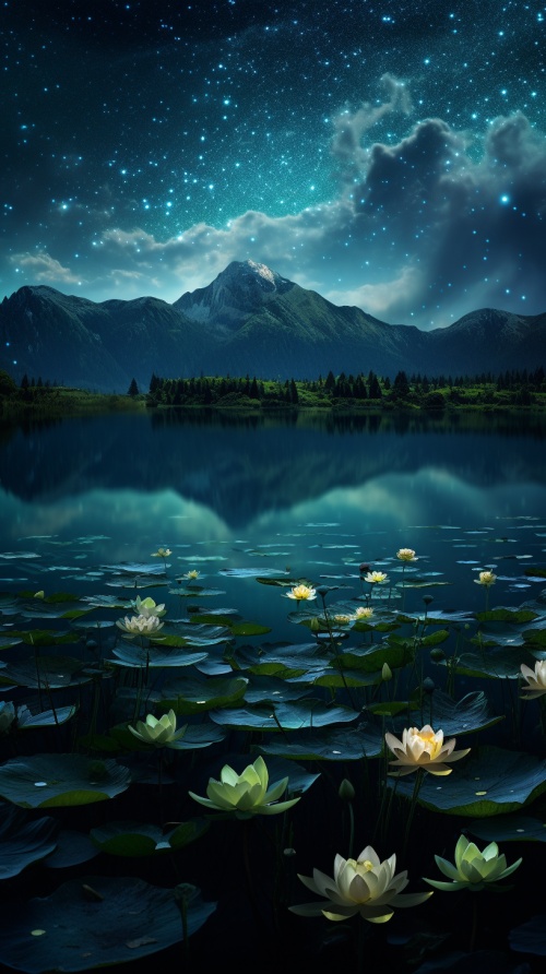 In the night sky, stars shine on the silky lake, and pale golden roses float on the water. Aurora, fairy light, stars, twinkling stars, lake silence, lake. Real, high definition, super wide angle. Panorama, shooting stars across the sky, wide lakes, starry sky, Michael james smith's matte painting, CG rendering, volume light, space art, bioluminescence, unreal engine 5, super wide angle, high definition, HD