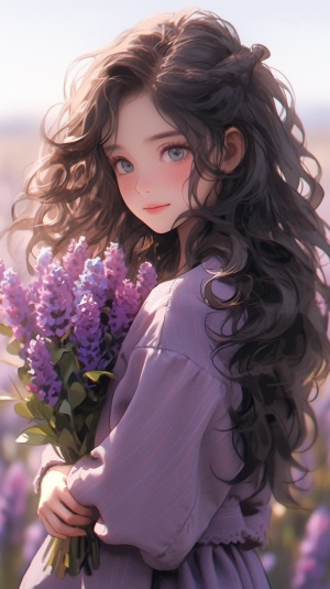 一个女孩站在种满鲜花的山坡，举着一束薰衣草，穿着紫色卫衣，大大的眼睛，长长的睫毛，棕色眼睛，黑色长卷发，正面照，远景照8k超高清画质，梦幻唯美