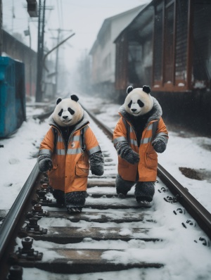 穿着工作服的大熊猫在白雪皑皑的冬日街道，骑着电动车送外卖，雪天的城市景观，迷人的熊猫，宁静的雪景风格：逼真照相机和镜头：Fujifilm GFX100，63mm f2.8照明：雪天柔和的漫射光环境：冰雪覆盖的城市街道，具有冬季氛围长宽比命令AR16:9v5.2