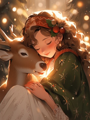 圣诞艺术与女孩拥抱一只快乐的鹿，在精确和栩栩如生的风格，星星艺术团 (兴兴)，精致的阴影，迷人的现实主义，绿色和棕色，32k uhd，迷人的草图