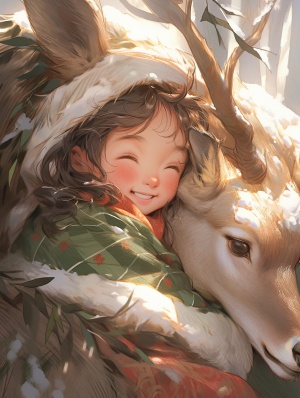 圣诞艺术与女孩拥抱快乐的鹿：兴兴星星艺术团的精美现实主义草图