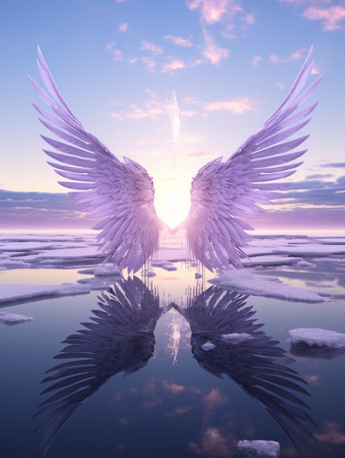 This is surreal and complex CG renderingtransparent, snow light, purple wing light, phoenix wings, spreading wings, CG3Deffect, divine light, body light, sky, super wide angle, purple light reflection, blue sky, super shocking reality impact complex details 8K, Mark Adams landscape photography, real standing light, symmetry, 8K HD,urealar 2:3 v 4