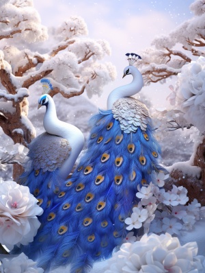 this is a beautiful winter snow scene, a beautiful golden peacocks shining feathers,beautiful jewelry adorned feathers,a big tree covered with white snow, The ground is covered with blue roses, the halo perspective is surreal, thephotography is bright, soft, the artistic conception is beautiful, and the ultrahigh definition picture is clear and fine,4k hd v 4 ar 2:3 v4