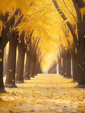 秋天到处是金黄的银杏树，金灿灿的树叶铺满道路，风中落叶随风飘舞，天地间仿佛一片金黄色的天地，远处有小小的行人，周围全是高大的金色银杏。金色的流光从树间蜿蜒而下，这是秋天的童话，冬天的序章，ar3:4，v5:1
