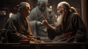 中国古代 一会老年和尚 与一位老年人在佛像前交谈