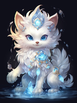 Ice Kylin, A Beautiful Snow White Ancient Chinese Mythological Gentle Beast, Glowing, Sparkling Scales, Glowing Chinese Divine Beast, Animals of Chinese Mythology, by Zhong Fenghua, Huang Guangjian, Xu Zhelong, Super Cute, Round Body, Big Blue Eyes, A String Of Gold And Silver Collars Around The Neck, Cute, Dreamy, Saintly Glow, Beautiful Fine Details, Intricate Design, Silk,Lighting, Octane Rendering, Unreal Engine v 4