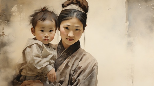 水墨画中国古时候 一个年轻女人拉着一个小男孩