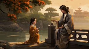 中国古时水墨画中的女人与小男孩