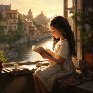 女孩，黑色头发扎着两个小辫子，水汪汪的大眼睛，在窗前的高脚凳上正在看书， 窗外有湖泊数和房子，唯美高清画质